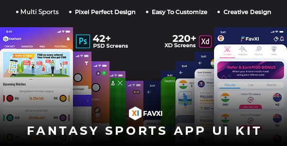 FavXI – Fantasy Sports App PSD+XD Template
